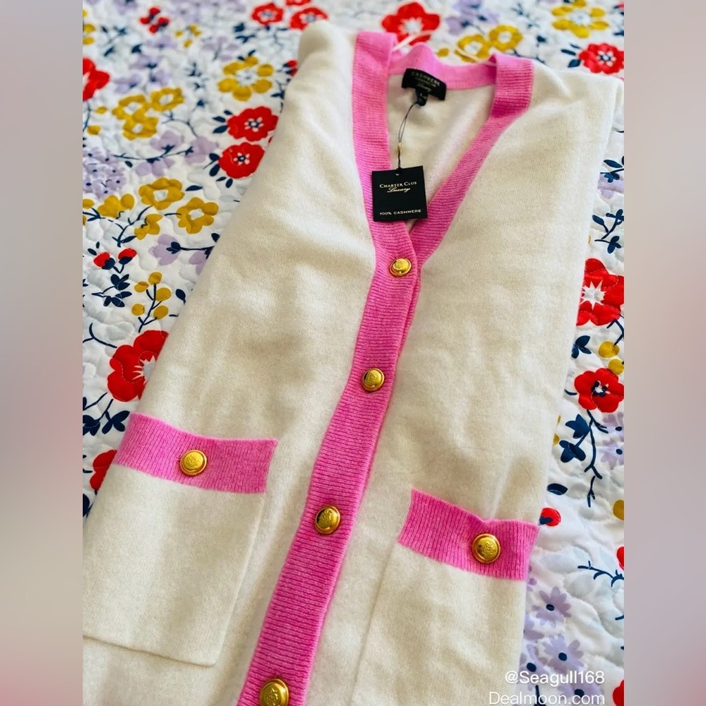Charter Club White Cardigan with Pink Trim - Picture 4 of 9